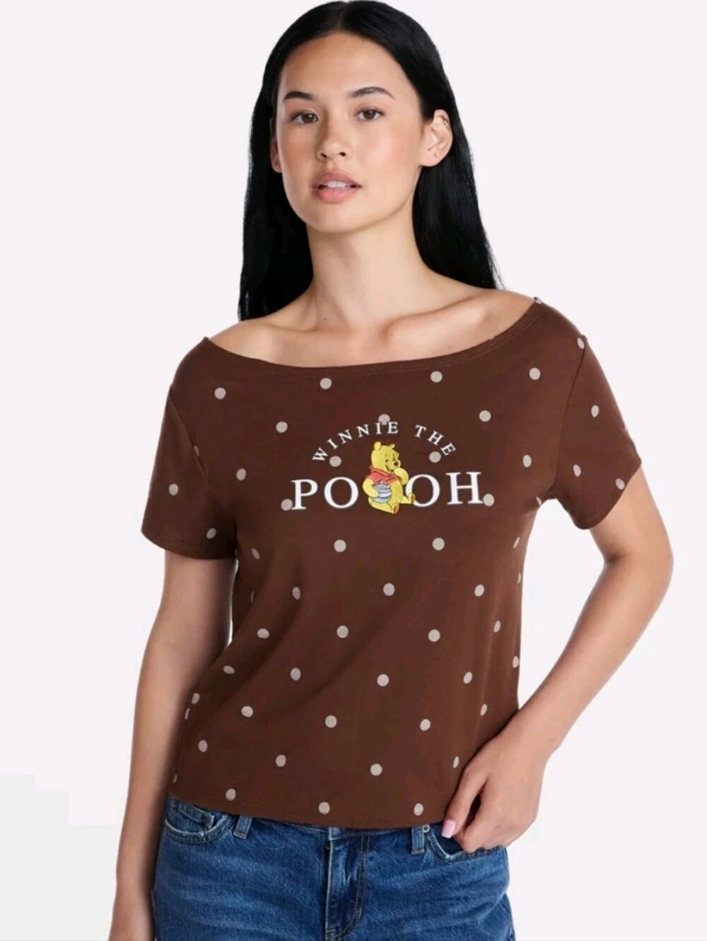 DISNEY Winnie the Pooh NWT Brown Polka Dot Off-Shoulder Tee Size Small 4/6